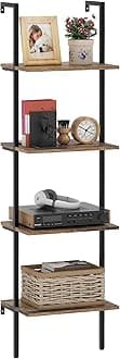 Wolawu Ladder Shelf 4 Tiers Metal Industrial Bookshelf,Brown Wood Tall Open Storage Rack and Display Shelves,Wall Mount Wide Book Case for Home Office Bedroom,Small