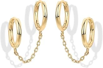 14K Gold Chain Earrings for Women | Double Piercing Dangle Chain Huggie Hoop Earrings | Cubic Zirconia Pearl Stud Ear Cuff Earrings for Women