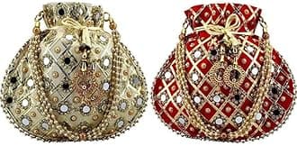 Indian Handicraft Women's/Girls Silk Ethnic Rajasthani Potli Bag Golden and Maroon(Beige