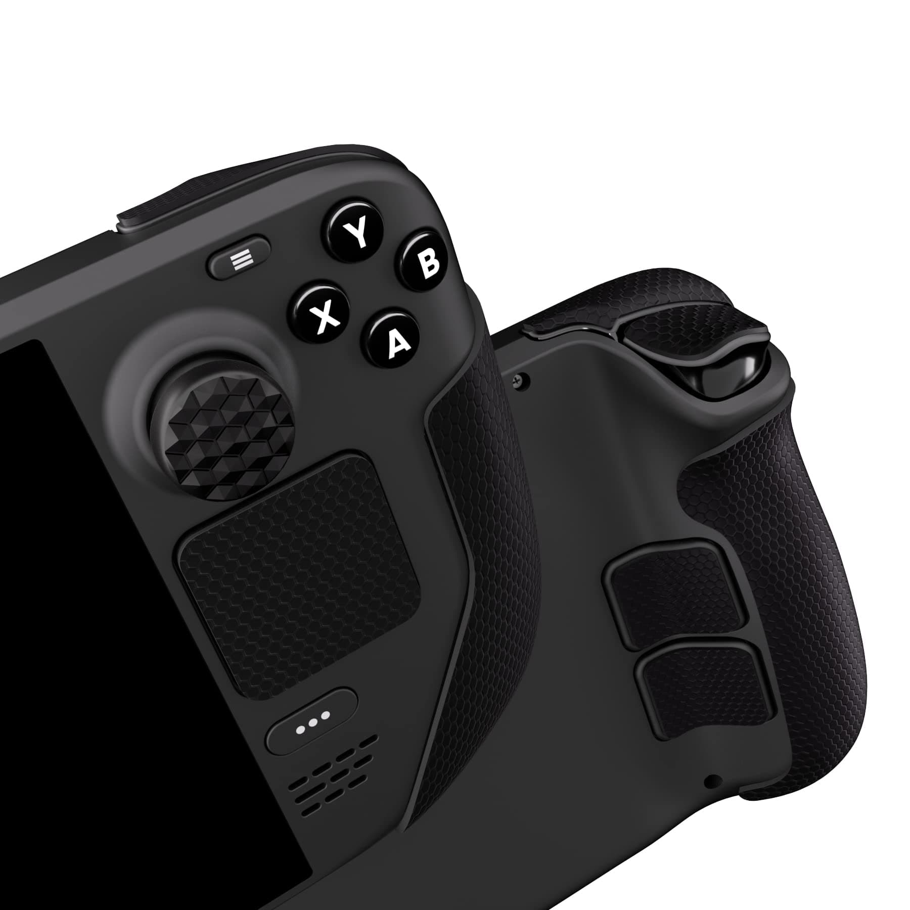 PlayVital Soft Rubber Pad with Texture for Steam Deck LCD & OLED Sticker to Improve Skin Grip Protector with Back Button and Thumb Caps (Honeycomb Texture-Black)