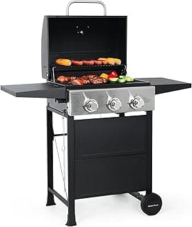 MASTER COOK 3 Burner BBQ Propane Gas Grill, Stainless Steel 30,000 BTU Patio Garden Barbecue Grill with Two Foldable Shelves