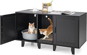 GYMAX 2-Door Cat Litter Box Enclosure, Large Stackable Hidden Privacy Kitty Washroom Furniture Cabinet with Winding Entry and Scratching Board, Indoor Cat House TV Stand Side Table (Black)