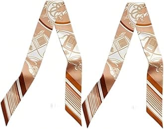 100% Mulberry Silk Scarf for Handbags & Purses, 2Pcs 2''x35'' Hair Ribbon Skinny Neck Scarves for Women