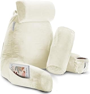 Clara Clark Reading Pillow with Shredded Memory Foam Includes 2 Neck and Lumber Support Pillows, Designed for Sitting Up in Bed and Couch, Back and Arms Adjustable Support for Adults & Teens Off White