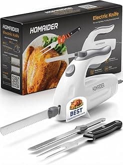 Homaider Electric Knife for Meat Slicing, Turkey, Carving Meat, Bread & More | Ergonomic Handle + 2 Carving Reciprocating Stainless Steel Blades and Serving Fork Included, 6 Foot Cord