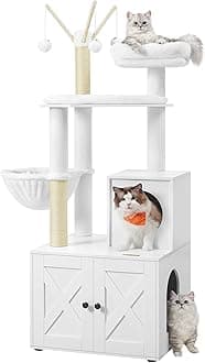 Feandrea 2-in-1 Modern Cat Tree with Litter Box Enclosure, Cat Condo with Scratching Posts, Removable Pompom Sticks, Washable Cushions, Cloud White