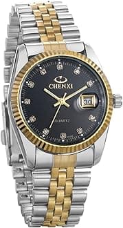 His and Her Matching Set Couple Watches Gold-Silver Tone Quartz Calendar Watch for Men Women