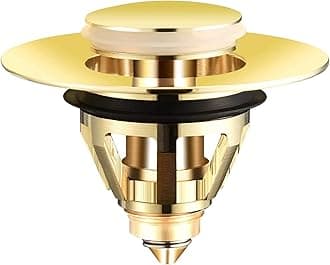 Sink Plug, Bathroom Pop Up Sink Plug Replacement Spring Core Copper, Gold Universal Bath Plug Brass Bounce Core Push Type, Basin Plug No Overflow Filter with Hair Catcher (34-38mm)