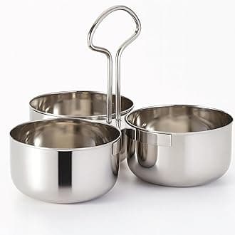 Mintage Saag Daan Steel with Handle 3 Compartments Sagdan | Big Size Saag Daan Steel Stainless Chaumukh | Heavy Gauge Double Serving Bowl with Handle | Home & Kitchen Storage Bowls