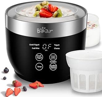 Bear Greek Yogurt Maker with Strainer and Timer Control, Stainless Steel Inner Pot, Automatic Digital with 2 Glass Jars, 1 Quart for Organic Yogurt