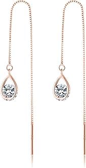 Solid 925 Sterling Silver CZ Droplet Chain Dangle Earrings for Women Teen Girls Tassel Dangle Earrings Threader