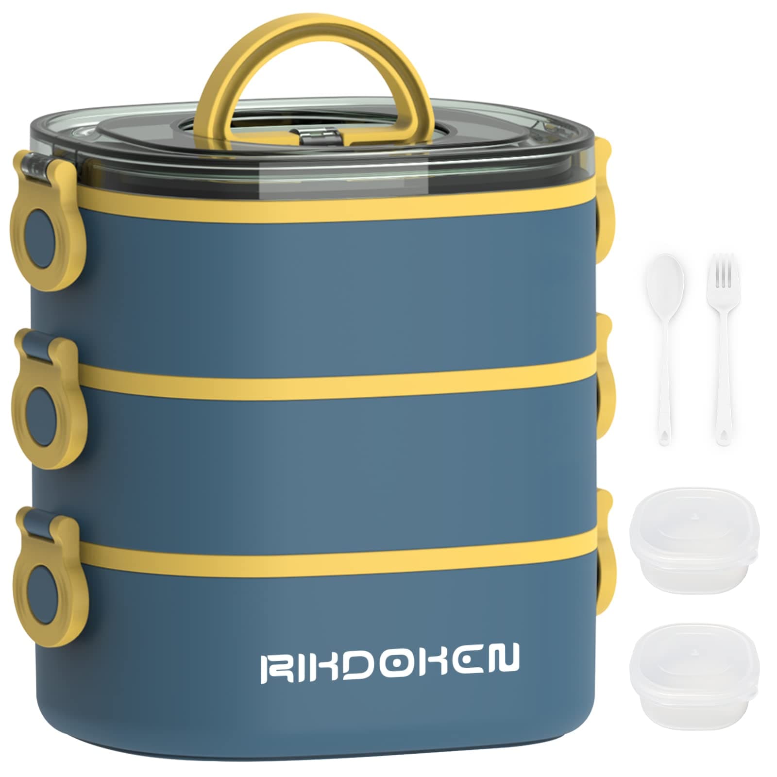 RIKDOKENLunch Box, Stackable 3 Layers Containers, Portable 94OZ Large Capacity Leakproof Bento Box with Spoon & Fork & Sauce Boxes, Microwave Safe Lunch Box for Kids and Adults