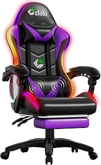 Czlolo RGB LED Lights Gaming Chair with Footrest for Adults and Kids, Lumbar Support Massager Video Game Chair, High Back Reclining Gamer Chair with Headrest, Swivel Office Computer Desk Chair(Purple)