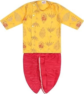 Superminis Boy's Golden Foil Printed Side Open Cotton Kurta, Round Collar, Full Sleeves With Cream Color Dhoti, Kurta Set