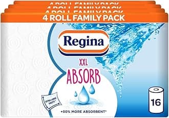 Regina XXL Absorb Kitchen Towels – 16 Rolls Per Pack, Super Absorbent 2-ply sheets, 75 Extra-large Sheets Per Roll, 50% More Absorbent Than Previous XXL Products, Easy Open Pack, 60% PCR Plastic