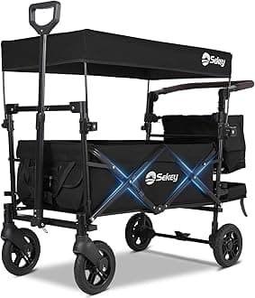 Sekey Kids Folding Handcart Wagon with Removable Canopy, Versatile Foldable Transport Trolley for Family Outings Including Shockproof PU Wheels, 220LBS(100KG) Weight Capacity, Push Handle, Black