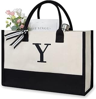 Personalized Initial Canvas Beach Bag, Monogrammed Gift Tote Bag for Women