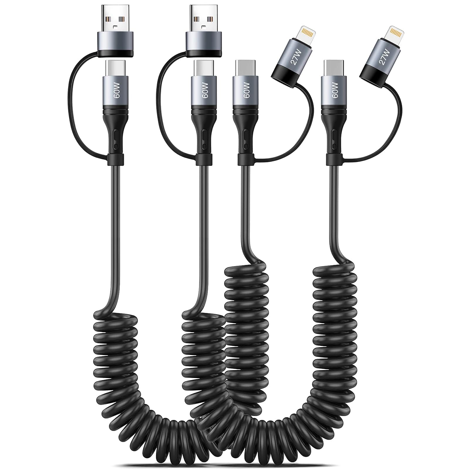 Coiled Lightning Cable [2Pack 4FT] 4 in 1 Multi Charging Cable 60W Fast Charging Retractable Charger Cord for iPhone 17/16/15/14/13/12/11 Pro Max/XS MAX/XR/XS/X/8/7/6 Plus/iPad/AirPods/MacBook/CarPlay