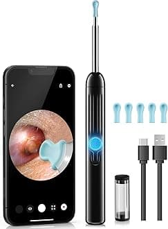 Ear Wax Removal Tool Camera, Ear Cleaner with Camera, Ear Scope, Earwax Removal Kit with Otoscope, Ear Canel Cleaning 6 LED Lights 5 Ear Silicone Tips, 1080P HD Black