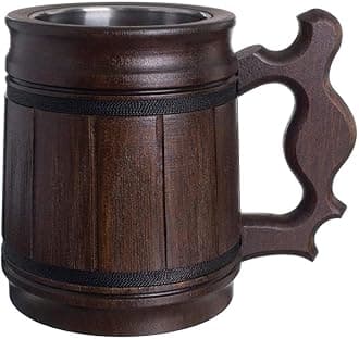 Handmade Beer Mug Oak Wood Stainless Steel Cup Gift Natural Eco-Friendly 0.3L 10oz Classic Brown