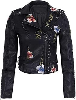 Women's Embroidered Studded Faux Leather Jacket Moto Punk Jacket Floral Coat