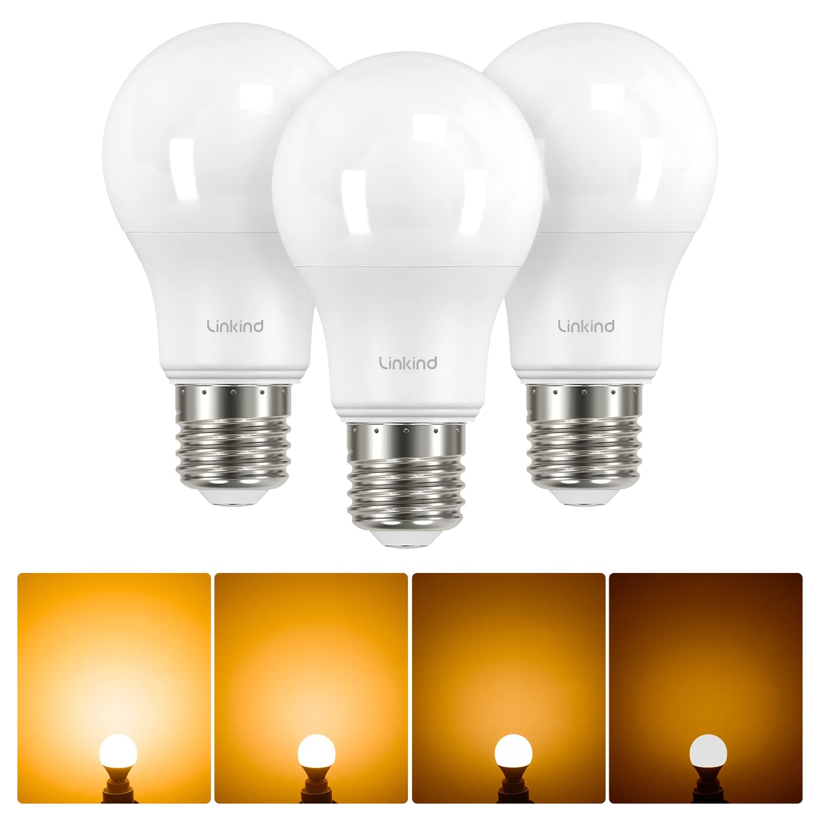 Linkind Dimmable E27 Screw Bulb, 7.3W (Equivalent to 60W) E27 Edison Screw ES LED Light Bulbs, Warm White 2700K, 806LM, A60 Standard Light Bulbs, Energy Saving Screw Bulbs, Pack of 3