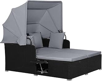 RELAX4LIFE Patio Outdoor Daybed with Canopy, Wicker Sunbed w/Cushions, 4 Pillows & 2 Retractable Side Trays, Double Conversation Lounge Bed for Poolside Porch Garden, Rattan Outdoor Bed (Gray)