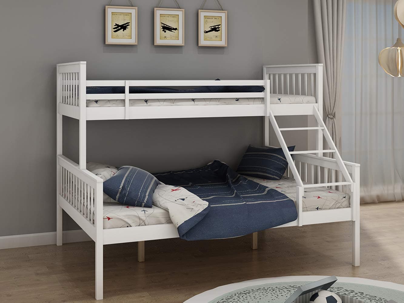BLUE HORIZON Triple Bed Bunk Bed Frame Solid Pine Wooden Sleeper Bed for Children Adults White