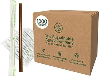 Sustainable Agave Co - Agave Fiber Individually Wrapped Drinking Straws - 1000 Count - Plant-Based, Made With Upcycled Materials, Reusable - Brown, Jumbo, 8"