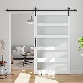 42in x 80in Glass Barn Door with 7ft Barn Door Hardware Kit & Handle, Pre-Drilled Holes Easy Assembly -Solid Barn Door Slab Covered with Water-Proof PVC Surface, White, 5 Panel