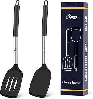 HOTEC Silicone Spatula Set of 2 Heat-Resistant 600°F & BPA-Free Kitchen SaptulaTurner with Stainless Steel Handles, Slotted & Solid Spatulas for Nonstick Cookware, 13.7 Inch, Black