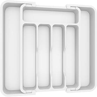 Lifewit Cutlery Holder Kitchen Drawer, Expandable Cutlery Organizer, Space Saving Cutlery Holder, Plastic Dividers for Utensils, Forks, Depth 31 cm, Width 23-37 cm, White