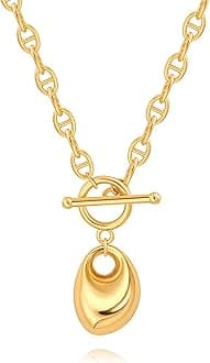 18k Gold Plated Chain Link Necklace for Women, Baroque Pearl/Compass Pendant Necklace
