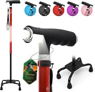 BeneCane Quad Cane Walking Cane with Two Led Lights with Big Base T Handle＆Lightweight Adjustable Walking Stick Four Pronged Sturdy for Men and Women