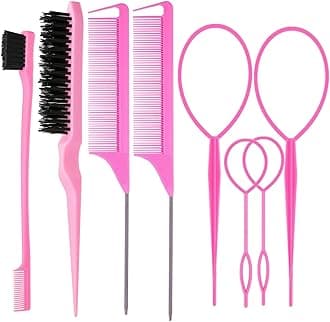 ZVOREI 8Pcs Hair Brushes Set with 4Pcs Topsy Hair Tail Tools 1Pcs Bristle Teasing Hair Brush 1Pcs Edge Control Brush 2Pcs Metal Pin Rat Tail Combs for Woman Girl hair Styling,Edge&Back Brushing,Pink
