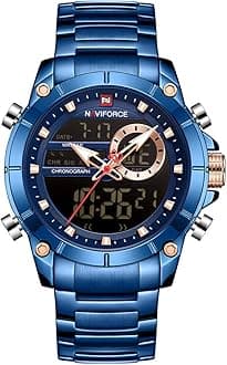 Luxury Stainless Steel Analog Digital Watch Waterproof Sports Quartz Multifunctional Wristwatch with Stopwatch Alarm LED Backlight