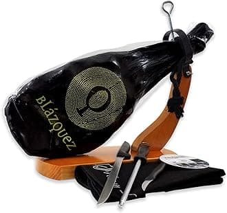 Iberico Ham "Pata Negra" Bellota Shoulder Cured for 2 Years, 50% Iberico Breed, 10-12 Pounds, 20-25 Servings + Ham Holder + Carving Knife Set + Guide