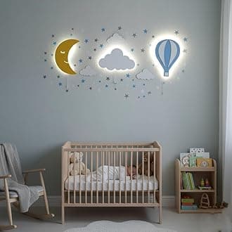- Kids Wall Light Baby Wooden LED Night Lamp Children Room Decor Set of 1 Balloon 1 Cloud 1 Moon (Multicolour)