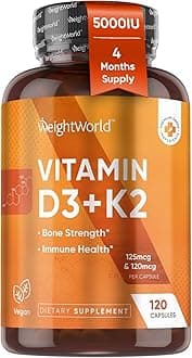 WeightWorld Vitamin D3 K2 5000IU Capsules for Bone Strength & Immune Health - 4 Months Supply Vitamin D3 and K2 Supplements - 120 Vegan D3 K2 Capsules for Women and Men, Non-GMO, Gluten-Free