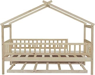 Bellemave Twin Size House Bed with Fence and Trundle, Wooden Kids Montessori Bed Frame with Railings for Girls Boys (Natural-Twin/Trundle)
