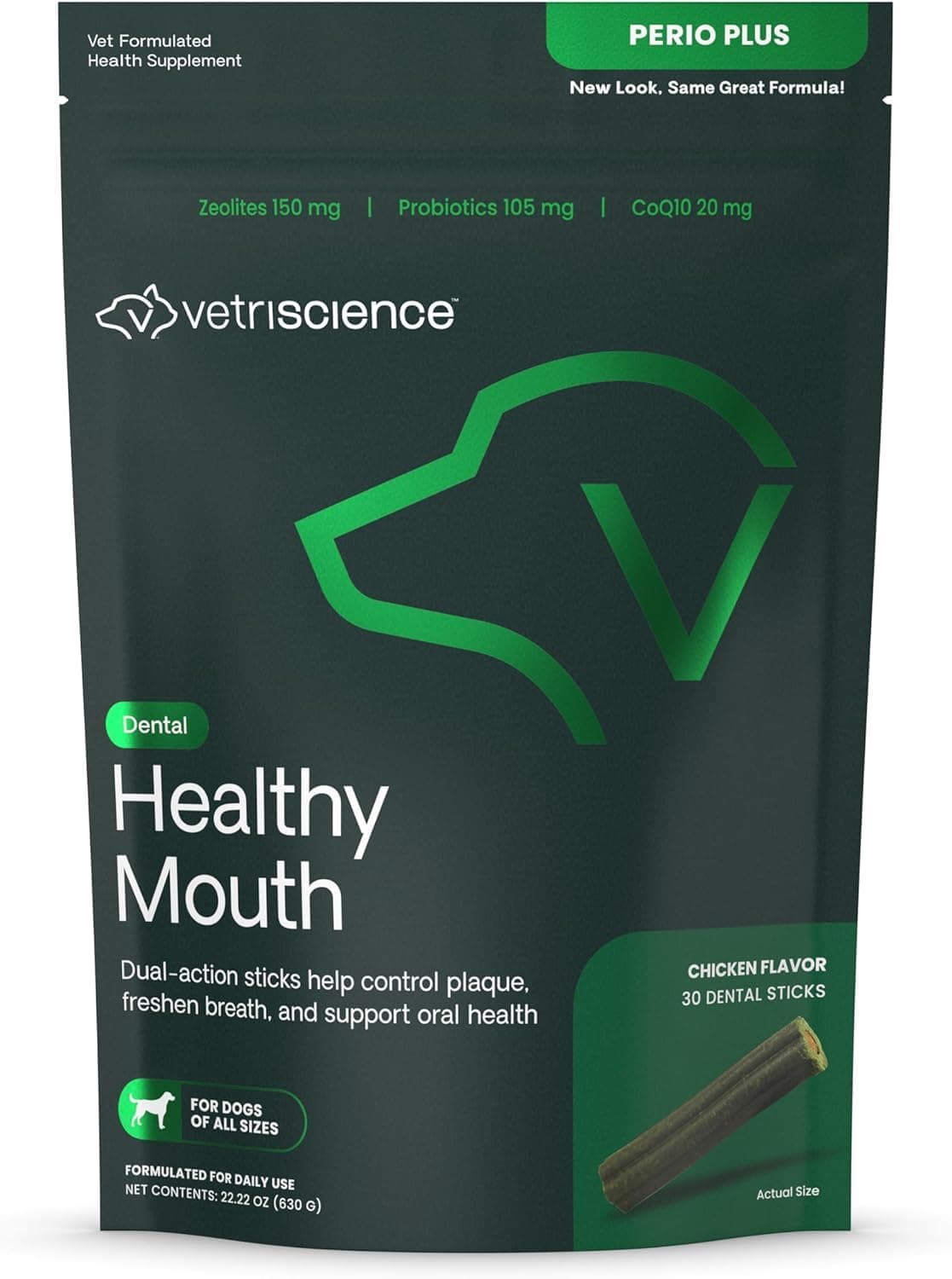 VetriScience Healthy Mouth Dental Chews, Perio Plus Sticks for Dogs, with Probiotics, Spirulina & Zeolites, Breath Freshening, Plaque & Tartar Control, Chicken, 30 Count