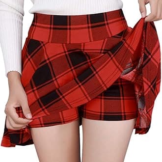 DJTWomen's Girls Stretchy High Waist Pleated Casual Mini Skater Skirts with Shorts