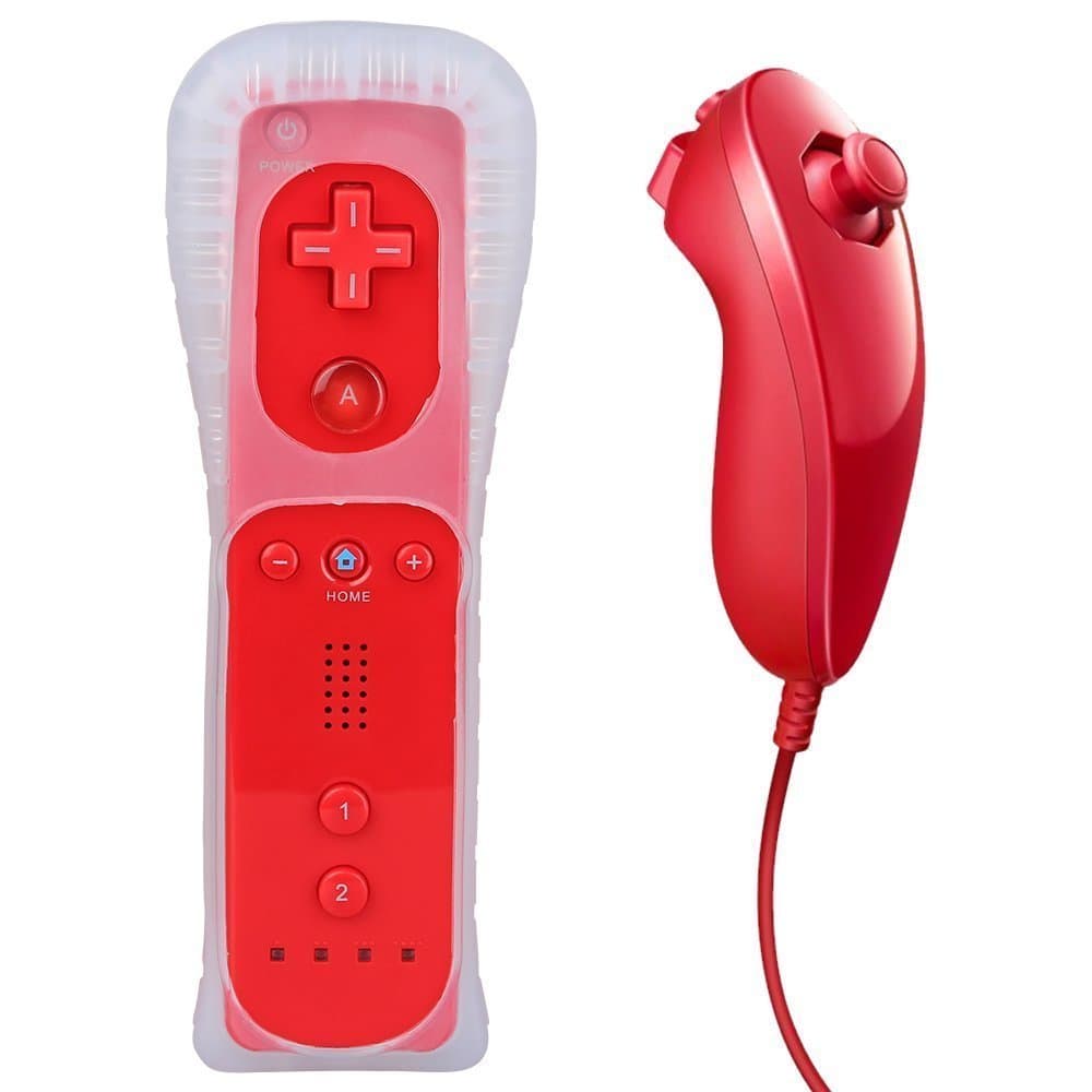 Prodico Wii Remote and Nunchuck Controller with Silicone Case and Strap for Nintendo Wii Wii U Wii mini (red)