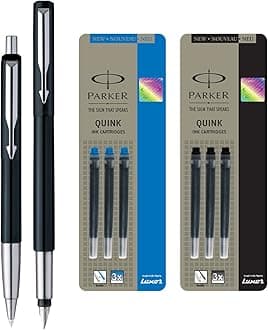 Parker Vector Standard Sets Fountain Pen + Ball Pen - Black + Quink Ink Cartridge - Black & Blue (Pack of 6)