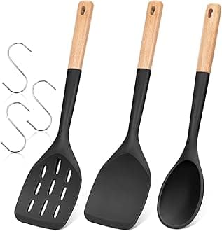 Pack of 3 Silicone Spatula, Non Stick Cooking Utensil Set, Wooden Handle Kitchen Turner for Baking Mixing Grilling Serving Food Heat Resistant (BLACK1)
