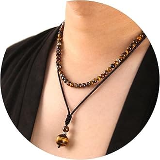 2Pcs Beaded Necklace for Men - Protection Necklace Men Choker Necklaces Obsidian Beads Pendant Jewelry Gifts for Men