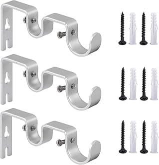 Heavy Duty Curtain Rod Brackets Double Curtain Rod Brackets Double Rod Holders 1" and 5/8" Inch Rod (Set of 3, Silver)