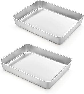 Rectangular Cake Pan, 9.3'' x 7'' Stainless Steel Small Toaster Oven Baking Roasting Cake Lasagna Pan, Non-Toxic & Heavy Duty, 2 Inch Deep Side & Dishwasher Safe, 2 PCS