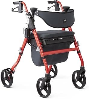 Premium Empower Rollator Walker with Memory Foam Seat, Black & Red, 300 lb. Weight Capacity, 8” Wheels, Microban Technology, Cupholder, Rolling Walker for Mobility Impairment