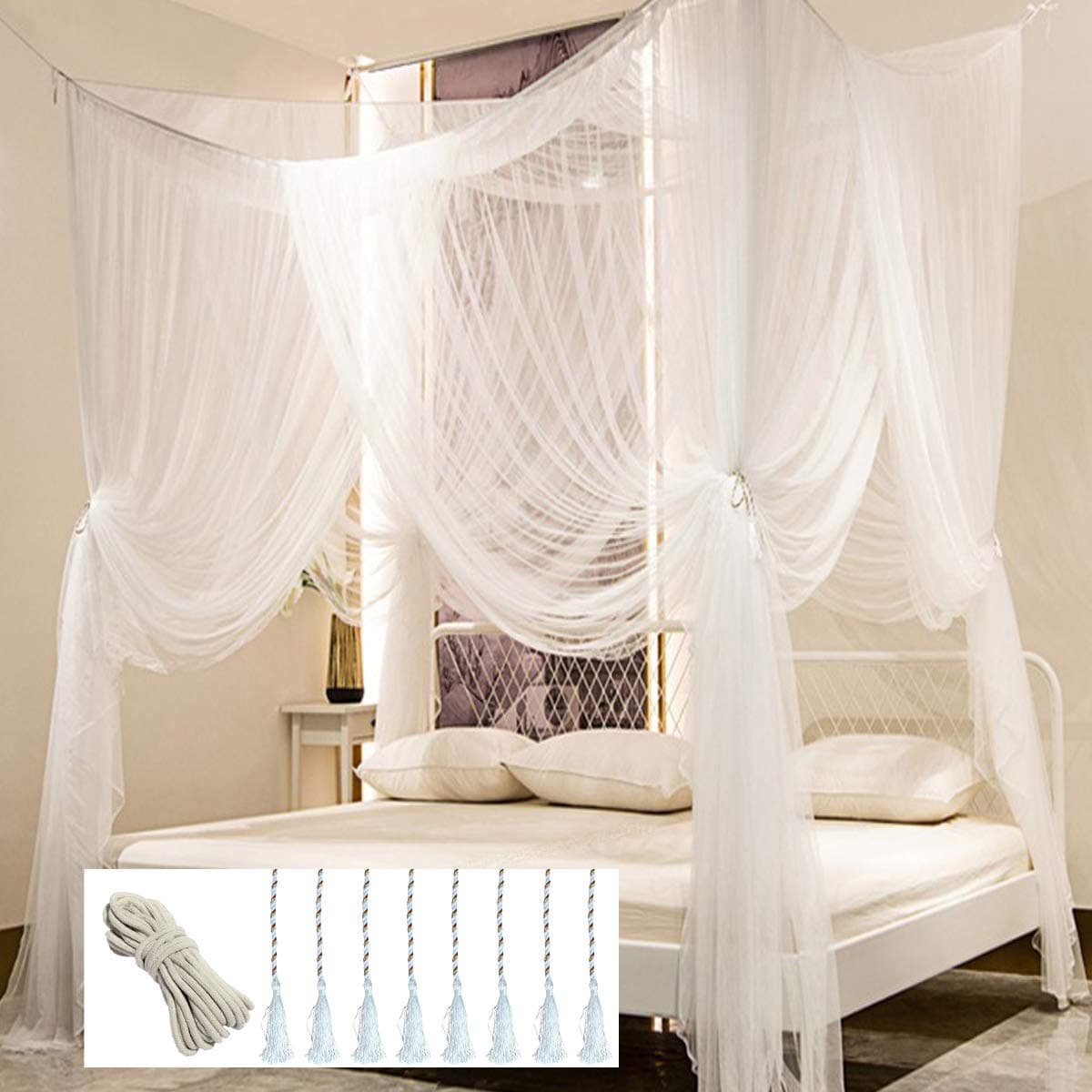 Comtelek Bed Canopy, Canopy Bed Curtains Bed Drapes for Full Queen King Size Bed Mosquito Net Bed Canopy Curtains for Patio Indoor Outdoor Room Decor Screen Netting Canopy Curtains White
